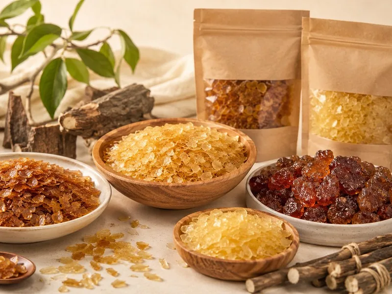 Natural shellac — seedlac, buttonlac and lac flakes in bowls