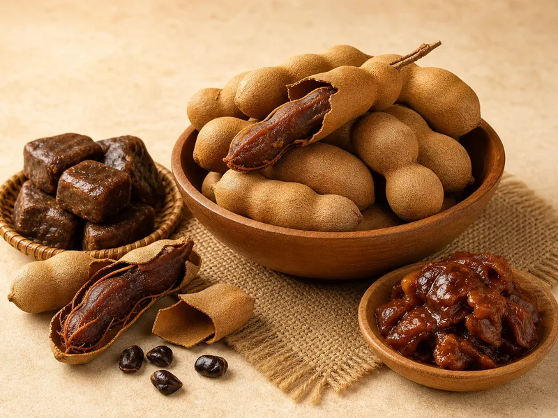 Dried tamarind pods, seedless blocks and pulp in wooden bowls